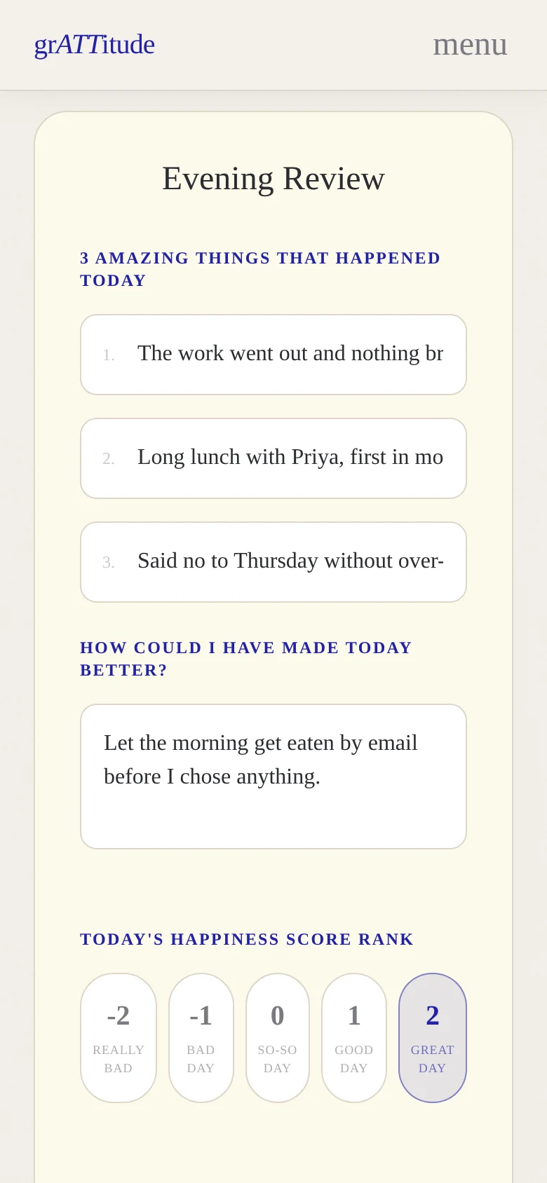 The grATTitude evening review on a phone: three good things from the day and a happiness score