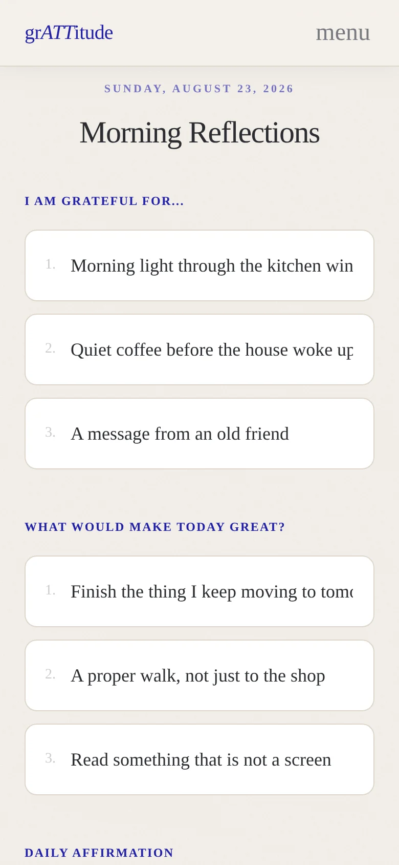 The grATTitude morning entry on a phone: three gratitudes and three intentions for the day
