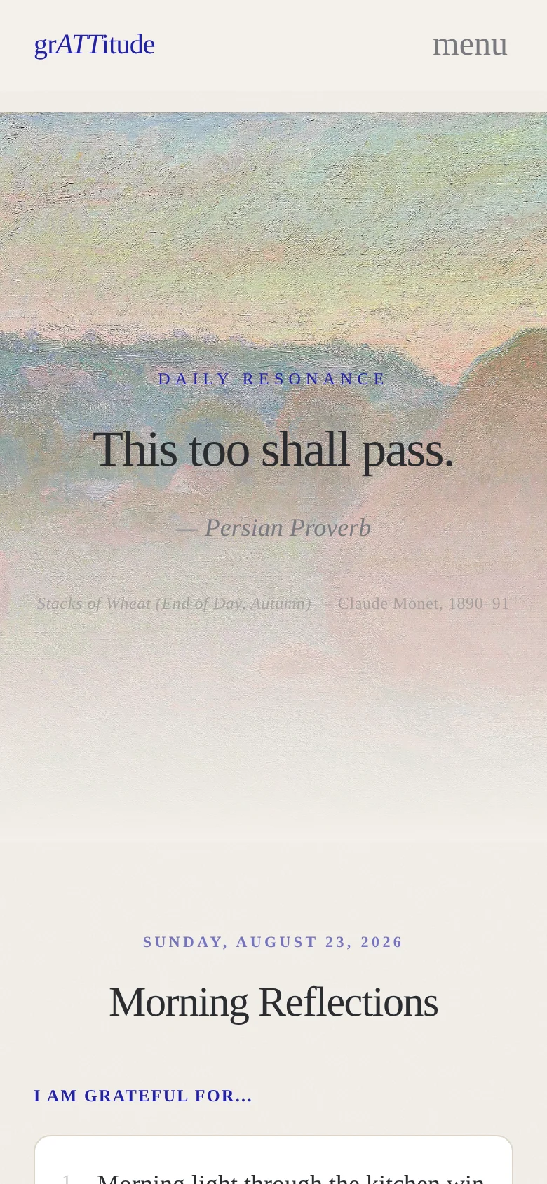 The day's artwork in grATTitude on a phone: a Monet with the daily quote over it