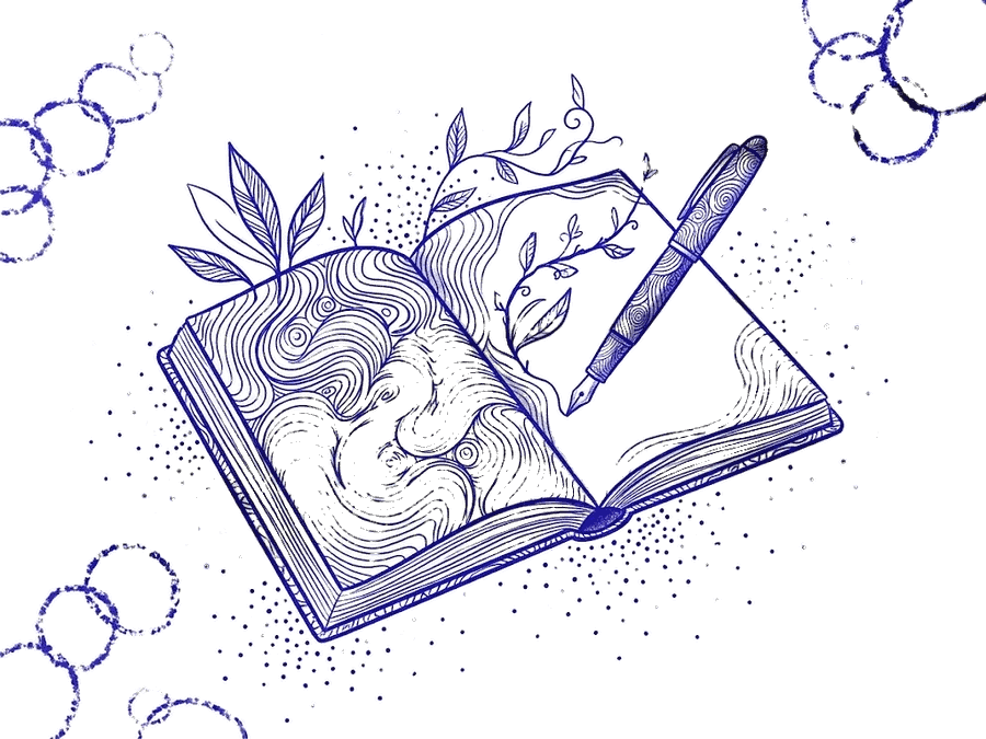 Pen-and-ink drawing of an open journal with swirling linework, sprouting leaves and a fountain pen.